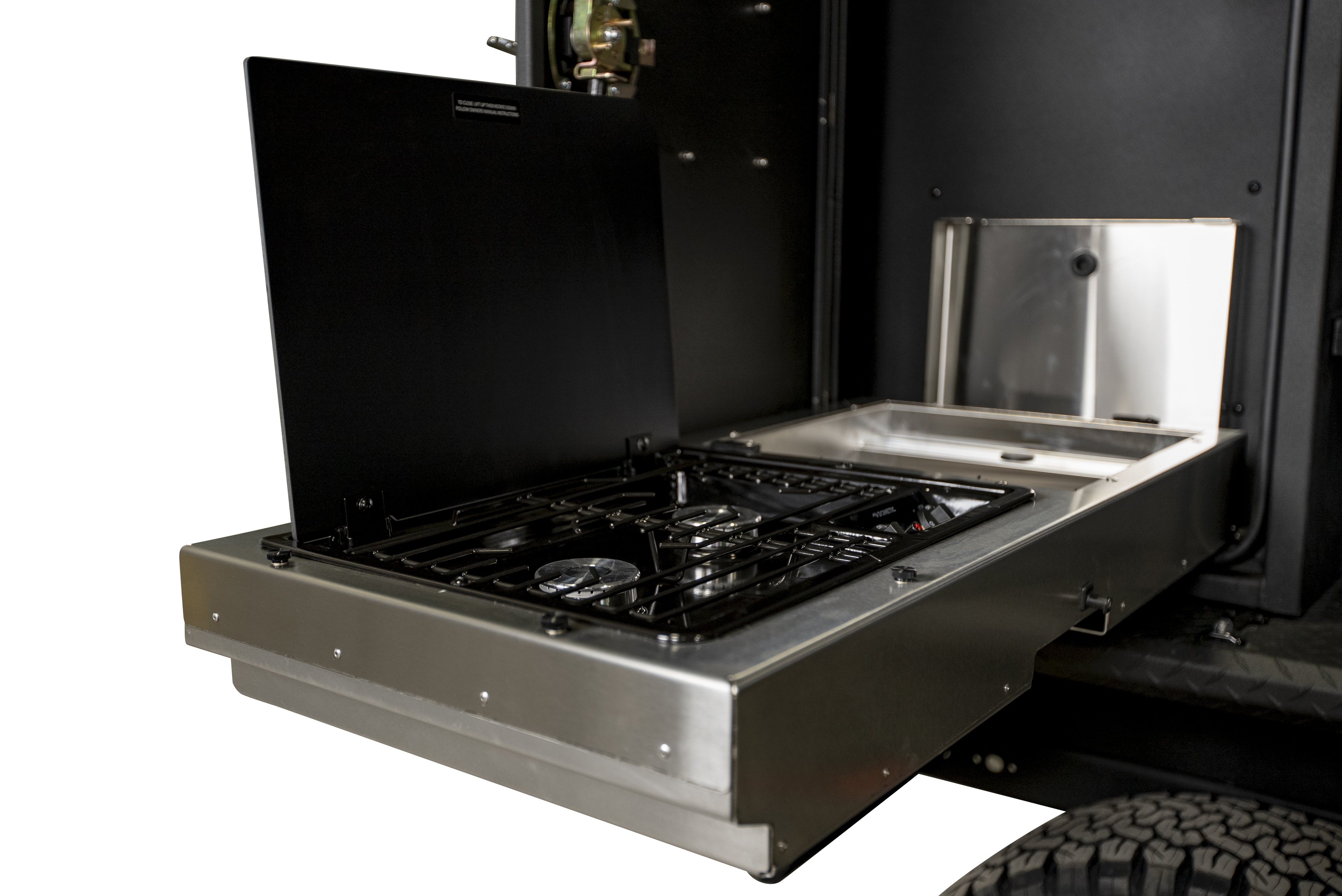 Off Grid Trailers Passenger Side Mounted Drop-Down Premium Kitchen (Sink & Dual Burner Stove)